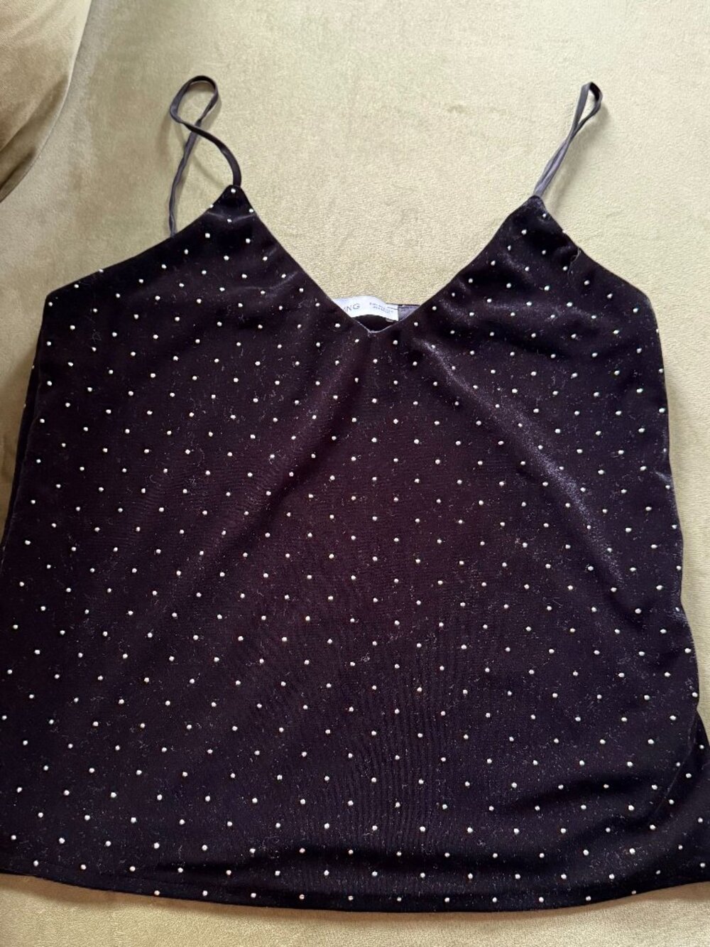 MNG Black Velvet Rhinestone Studded Cami Top, V-Neck